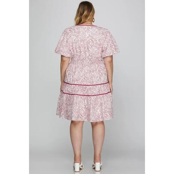 She + Sky Full Size Printed V-Neck Puff Sleeve Tiered Dress Plus Size - Picture 6 of 6